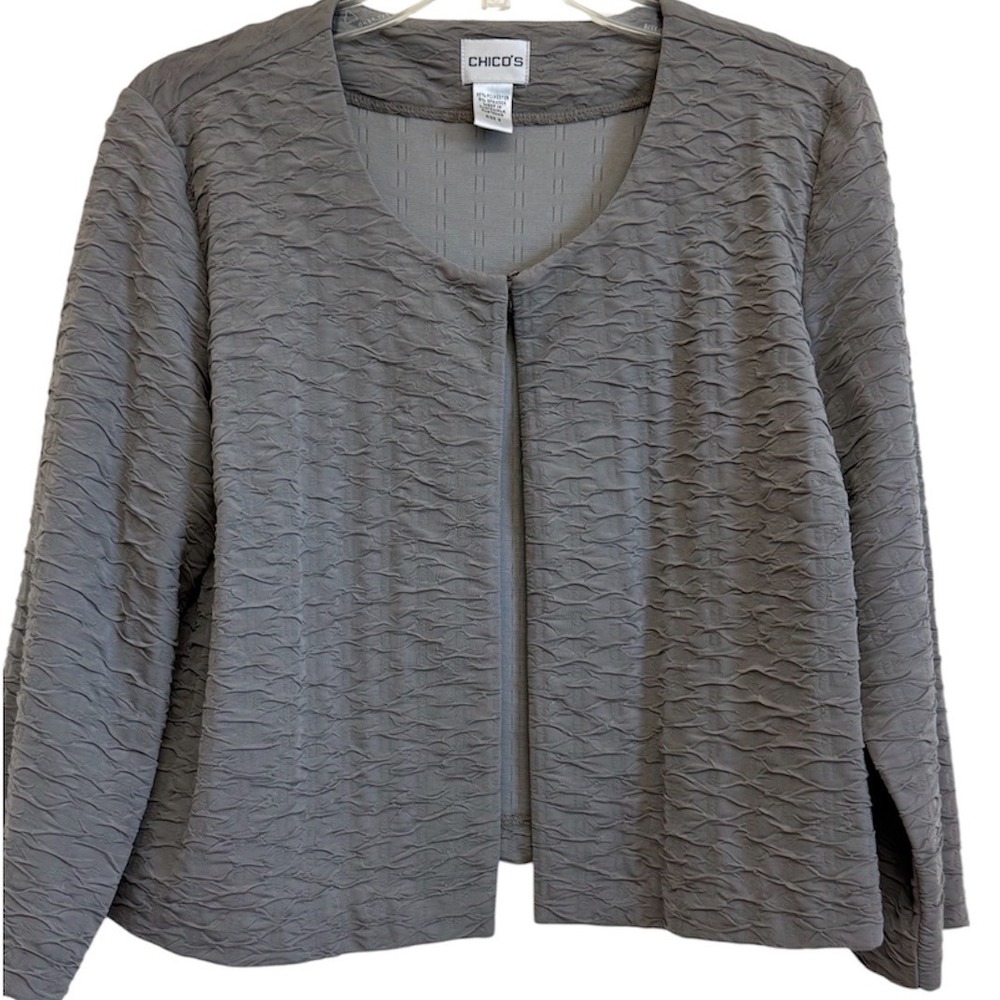 Chicos Gray Textured Open Front Jacket Size 2 Large Lightweight Crinkle Blazer